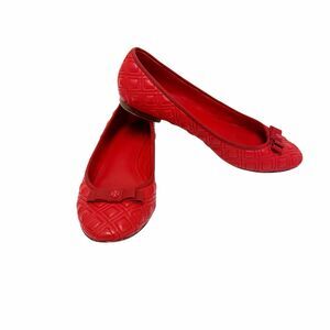 Tory Burch  Women's Size 8.5 M Marion Quilted Red Leather Ballet Flat Bow Logo